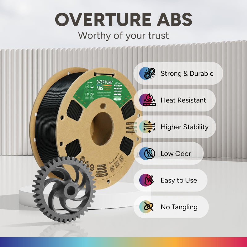 OVERTURE ABS Filament 1.75mm, High Strength & Heat-Resistant 3D Printer Filament, Low Warping, Excellent Durability, ABS 1kg (2.2lbs) Cardboard Spool, High Precision +/- 0.02mm (Black 1-Pack) - Image 2